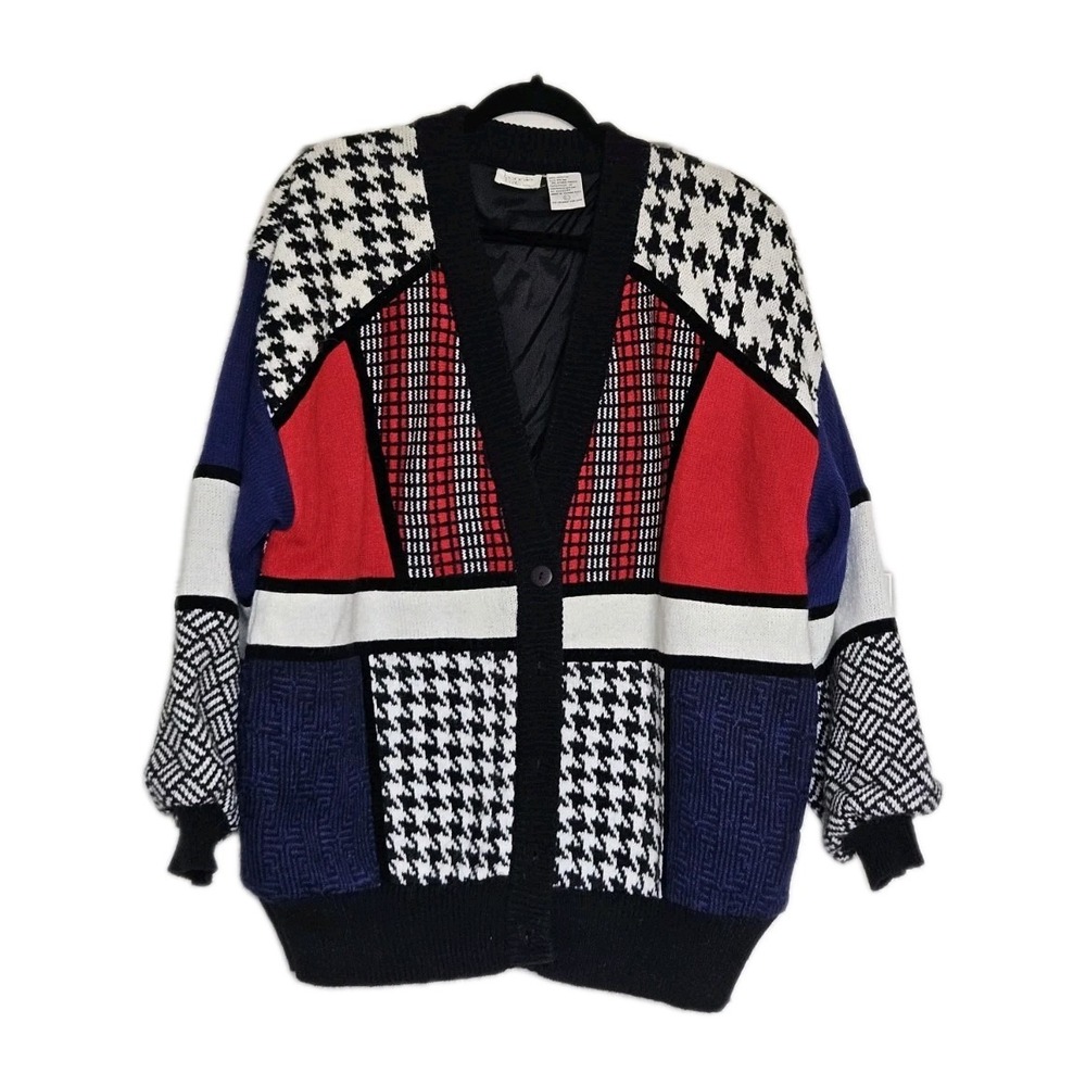 Vtg Bonnie & Bill Print Patchwork Abstract Chunky Knit Sweater Cardigan Jacket L